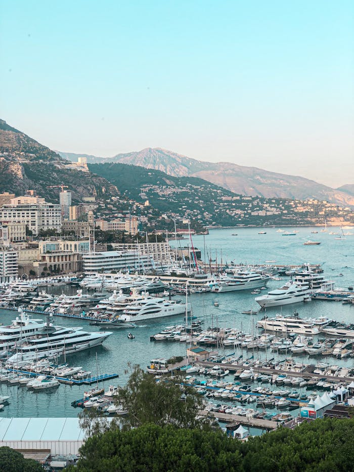 Aerial view of luxury yachts in Monaco's picturesque harbor with mountains in the background.